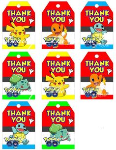 pokemon thank you gift tags with pikachu and eebi characters on them, set of 10