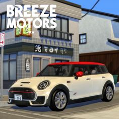 a white and red minivan parked in front of a building with the words breze motors above it