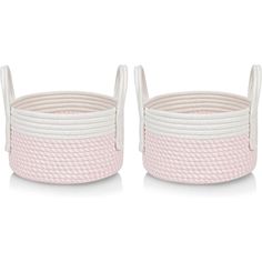 two pink and white baskets sitting next to each other