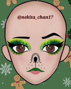 Grinch + gliter + delineado Halloween Makeup Grinch, Grinch Make Up Ideas, The Grinch Makeup Ideas, Makeup Looks Christmas Easy, Cute Elf Makeup Looks Christmas, Grinch Makeup Simple, Grinch Themed Makeup, Glam Grinch Makeup, Grinch Makeup Looks Easy