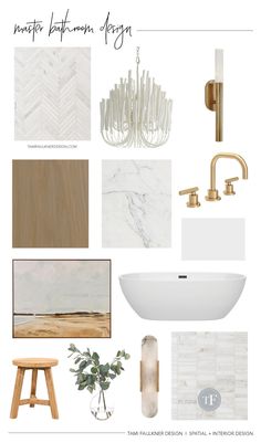 a bathroom design board with white and gold accents