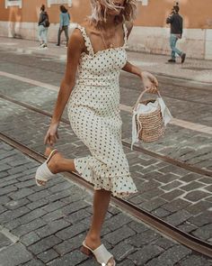 Polka Dot Ruched Shirred Midi Dress with Frill Hem and Straps Francescas Dresses, Europe Outfits, Italy Outfits, Flirty Dresses, Italy Fashion, Polka Dress, Brunch Outfit, Dresses By Length, Looks Chic