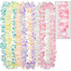 flower leis in pastel colors are arranged on a white background and one is shown with