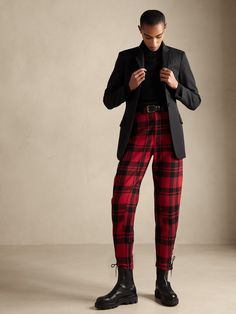 The luxurious texture of lavish wool intertwines with the festive spirit of the holiday season in this warm equestrian style crafted with reinforced panels and lace up sides for the perfect fit.  RELAXED TAPERED FIT: High waisted.  Relaxed through th Fancy Fits, White Sneakers Men, Legging Fits, Riding Pants, Equestrian Style, Slim Fit Pants, Red Plaid, Dress Codes, Women's Pants