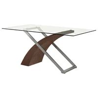 a glass table with metal legs and a wooden cross section at the top, on a white background