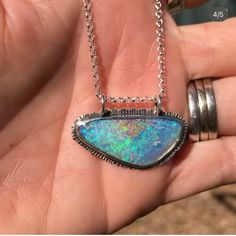 Gorgeous And Big Australian Boulder Opal Necklace Set In Sterling Silver With Matching Chain. #Opal Boulder Opal Necklace, Boulder Opal Pendant, Opal Pendant Necklace, Australian Boulder Opal, Opal Pendants, Opal Necklace, Boulder Opal, Bouldering, Blue And Silver