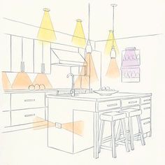 a drawing of a kitchen with stools and lights on the wall above the sink