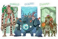 an image of some cartoon characters standing in front of a wall with words jungle ocean swamp