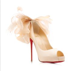 Christian Louboutin Anemoniac Embellished Satin Peep-Toe Pumps 120mm Heels They're Made From Lustrous Crepe Satin That's Thoughtfully Adorned With Airy Chiffon And Fluttering Feather-Trimmed Bow Embellishments. Color: Neutral New With Tags High Heels Louboutin Pumps, Chic Cream Wedding Shoes For Events, Chic Cream Wedding Shoes For Event, Spring Luxury Wedding Shoes, Elegant Beige Heels With Red Sole, Luxury Beige Heels For Wedding, Chic Cream Heels For Gala, Wedding Heels With Red Sole And Open Toe, Elegant Heels For Spring Ceremony