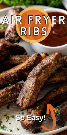 air fryer ribs on a plate with dipping sauce