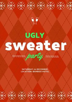 ugly sweater party flyer with snowflakes on red and green plaidered pattern background