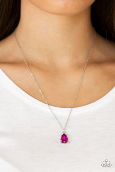 Featuring a regal teardrop cut, a radiant pink gem swings from the bottom of a dainty silver chain, creating a timeless pendant below the collar. Features an adjustable clasp closure. Sold as one individual necklace. Includes one pair of matching earrings. P2DA-PKXX-108XX Pink Gem, Pink Necklace, Jewelry Images, Paparazzi Accessories, Paparazzi Jewelry, Pink Earrings, Pink Rhinestones, Rhinestone Necklace, Dainty Necklace