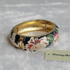 New In Box. Show Off Your Island Attitude With This Beautiful Enamel Bracelet, Featuring A Floral Tapestry Starring The Hibiscus. Zinc, Enamel, Glass, Cubic Zirconia. 51 X 64 Mm (About 2" X 2.5") Thick Gold Bangles, Coral Hibiscus, Ethereal Jewelry, Funky Accessories, Grandmother Jewelry, Colorful Bangles