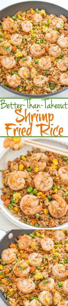 two pictures of shrimp fried in a skillet with the words, better than takeout