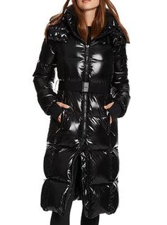 $725 NWT ~SAM. Long Noho Hooded Puffer Coat Jacket wind-resistant water-repellent Black                                                                                                              Size M The long NoHo puffer coat by Sam. features a removable hood, long sleeves with thumbhole cuffs, and side slit pockets. Perfect for the cold-weather months, this style is wind-resistant and water-repellent. Fits true to size OR SMALLER 43" from back neck to hem, based on a size small Model measurements: 5'10" height, 33.5" bust, 23.5" waist, 34.5" hips, wearing a size small Detachable zip-off hood Long sleeves, thumbhole cuffs Dual front zip closure Belt with logo buckle, belt loops Wind-resistant, water-repellent Two pockets at front Lined Imported Shell, lining: 100% nylon; fill: 80% down Jackets Black, Womens Parka, Black Puffer, Duck Down, Down Coat, Fur Collar, Fur Collars, Trendy Plus Size, Puffer Coat