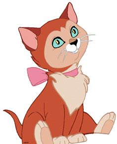 a cartoon cat with blue eyes and a pink bow tie sitting on the ground looking at something