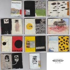 an assortment of art work displayed on a white surface with black and yellow squares in the middle