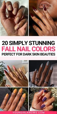 Get ready to slay this fall with my handpicked collection of 20 super cute nail colors that are perfect for dark skin tones! From warm cinnamon to rich burgundy, these shades will make your nails pop. Try them out and give your look a seasonal twist! 💅 | nail colors for dark skin black women, nail colors for dark skin fall, nail colors for dark skin tones, nail colors for dark skinned women, fall nail colors dark skin, dark skin nail colors, nail colors for brown skin | Fall Nail Polish On Dark Skin, Short Fall Nails On Brown Skin, Mail Polish For Brown Skin, Autumn Nails By Skin Tone Range, Brown Skin Fall Nails, Autumn Nails For Brown Skin, Nails Colours For Brown Skin, Nails Colors On Dark Skin, Nail Shades For Brown Skin