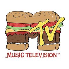 an image of a cartoon character holding a giant sandwich with the word music television on it