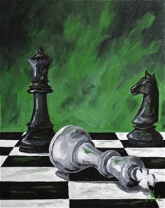 a painting of two chess pieces on a checkered board with a green wall in the background