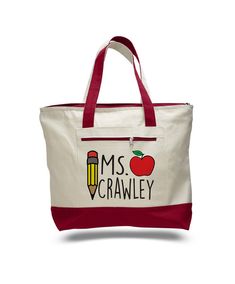 a canvas bag with an apple and pencils on it, the words mrs crawley