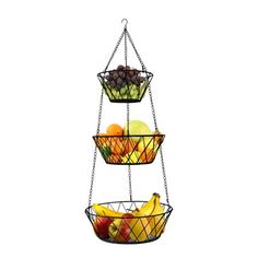 three tiered fruit basket hanging from chain