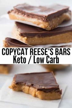 three different types of chocolate and caramel bars stacked on top of each other with the words copycat reese's bars keto / low carb