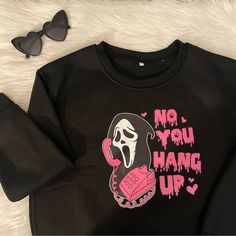 Spooky Season Staple! Black Crewneck With The Girly-Pop Scream Guy And His Little Barbie Phone. “No You Hang Up” Brand New Without Tags. Never Worn And No Flaws, I Just Prefer A Looser/Oversized Fit And Its Way Past The Return Date. Just Selling To Make Some Money Back And Purchase A New One! Tag Size Large Pink Emo Tops With Letter Print, Pink Emo Top With Letter Print, Cute Black Sweatshirt With Letter Print, Black Letter Print Fun Sweatshirt, Fun Black Sweatshirt With Graphic Print, Barbie Phone, Scream Ghostface, Girly Pop, Black Crewneck