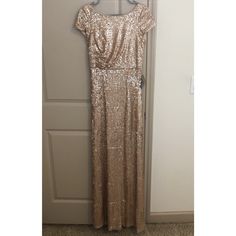 Perfect Condition, Never Worn! Champagne Short Sleeve Evening Dress, Elegant Sequined Bridesmaid Maxi Dress, Elegant Bridesmaid Maxi Dress With Sequins, Elegant Bridesmaid Sequin Dress, Champagne Maxi Length Cocktail Dress, Champagne Color Maxi Dress For Cocktail, Gold Sequin Bridesmaid Dress, High Low Ball Gown, Sequins Gown