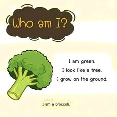 a broccoli thought bubble with the words who am i? and an image of a broccoli