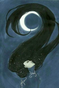 a drawing of a woman with long black hair looking up at the moon in the sky