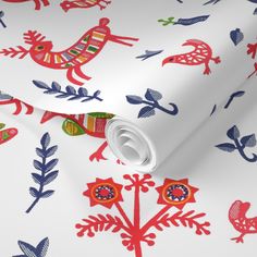 a white wallpaper with red and blue birds on it