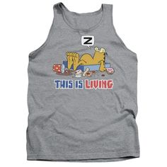 This Garfield this is living men's tank top, has Garfield sleeping in his bed and smiling after snacking on the front. Front print only. Heather Cotton Blend - Preshrunk Printed in the USA Officially Licensed Merchandise Mens Tank, Sleeveless Tank, Modern Fit, Office Space, Tank Top Shirt, Cotton Shirt, Breathable Fabric