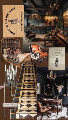 a collage of photos with various furniture and decor items in the same room, including a staircase