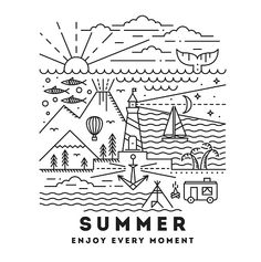 an illustration with the words summer enjoy every moment in black and white on a white background