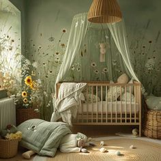 a baby's room with sunflowers and flowers on the wall, including a crib