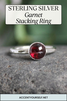 This vibrant red garnet is set in a sterling silver bezel setting and soldered to a sturdy silver band. Our stacking rings are available in any size you need and handmade by Barb Macy in Corvallis, OR.  #stackingring #garnet #january #birthstone #gemstonerings #giftsforteens Sterling Silver Stackable Rings With Bezel Setting As Gift, Sterling Silver Stackable Ruby Ring Fine Jewelry, Sterling Silver Stackable Ruby Ring, Stackable Sterling Silver Ruby Ring, Stackable Round Ruby Ring Gift, Sterling Silver Solitaire Stackable Rings Gift, Classic Sterling Silver Stackable Birthstone Ring, Stackable Sterling Silver Ruby Ring For Anniversary, Classic Stackable Ruby Ring Gift