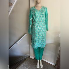 Beautiful 3 Pieces Dress Size Medium Stuff Shafoon Shirt Stunning Gorgeous Dubatta Trouser New Without Tags This Outfit Will Get You Endless Compliments Final Sale No Refunds Summer Chanderi Salwar Kameez With Long Sleeves, Fitted Long Sleeve Green Lawn Suit, Unstitched Tunic Salwar Kameez With Dupatta, Unstitched Anarkali Salwar Kameez, Bollywood Style Festive Long Sleeve Tunic, Festive Bollywood Long Sleeve Tunic, Unstitched Tunic Dress With Dupatta, Fitted Silk Churidar With Long Sleeves, Long Sleeve Silk Kurta With Self Design