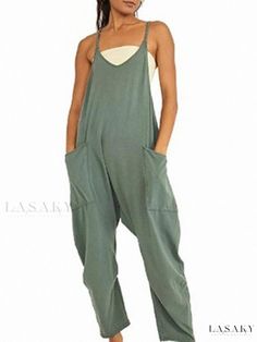 Lasaky - Strappy Neckline Jumpsuit in Solid Color with Loose Fit and Cropped Length Womens Jumpsuits Casual, Zipper Jumpsuit, Long Pant Jumpsuit, Straps Jumpsuit, Overalls Outfit, Jumpsuit Casual, Pocket Jumpsuit, Cami Jumpsuit, Wide Leg Romper