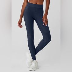 New Alo With Tags Xsmall Navy Pant High Stretch Sporty Pants By Alo Yoga, Navy Fitted Yoga Pants, Fitted Navy Yoga Pants, Fitted Navy Activewear With Pockets, Sporty Compressive Blue Pants, Blue Compressive Full-length Pants, Alo Yoga High Stretch Athleisure Pants, Blue Sporty Elastane Pants, Sporty Blue Stretch Pants