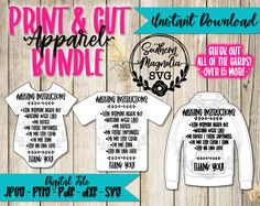 the print and cut apparel bundle is displayed on a wooden surface with text that reads,