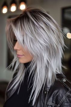 Grey Long Hair Styles, Sassy Hairstyles Long Hair, Edgy Over 40 Hairstyles, Platinum Blonde Straight Hair, Gray Biolage Hair, Long Gray Hair With Lowlights Over 50, Silver And Dark Hair, Short Haïr Cut For Women, Funky Long Haircut