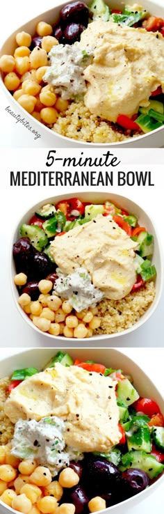 two bowls filled with different types of food and the words, 5 minute mediterranean bowl