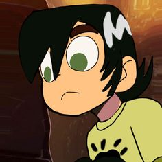 an animated image of a boy with green eyes and black hair, holding his hand up to his face