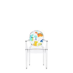 a clear chair with an animal print on the back and legs, in front of a white background