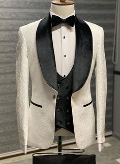 GentWith Empire Black & White Slim Fit Velvet Shawl Lapel Wool Tuxedo Black Tuxedo Suit, Tuxedo Colors, Pants Gift, Velvet Shawl, Groom Tuxedo, Black Shawl, White Tuxedo, Plaid Suit, Tuxedo Wedding