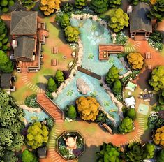 an aerial view of a park with trees and houses