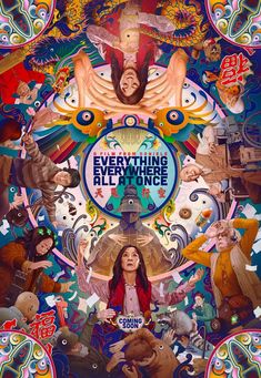 the poster for everything everywhere all at once, featuring an image of a woman surrounded by other people