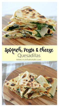 spinach, pesto and cheese quesadillas stacked on a cutting board