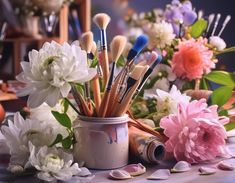 a vase filled with lots of paint and brushes on top of a table next to flowers